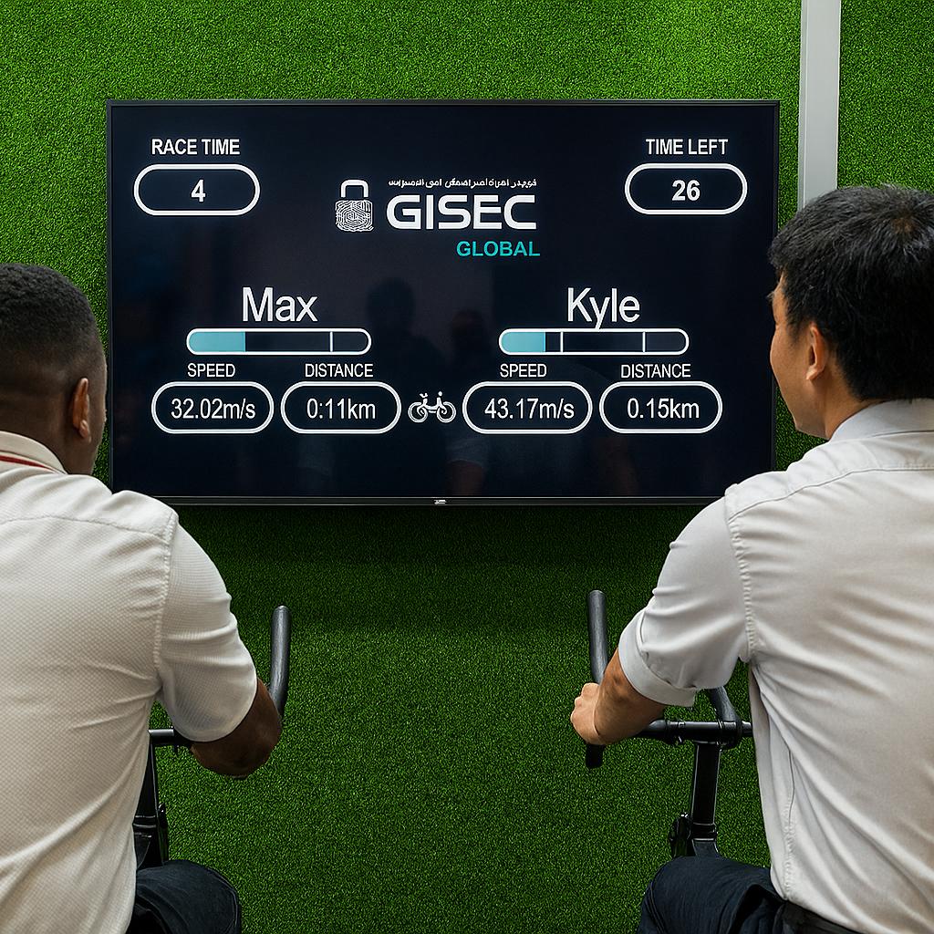 Guests racing on interactive bike game at corporate event in Dubai